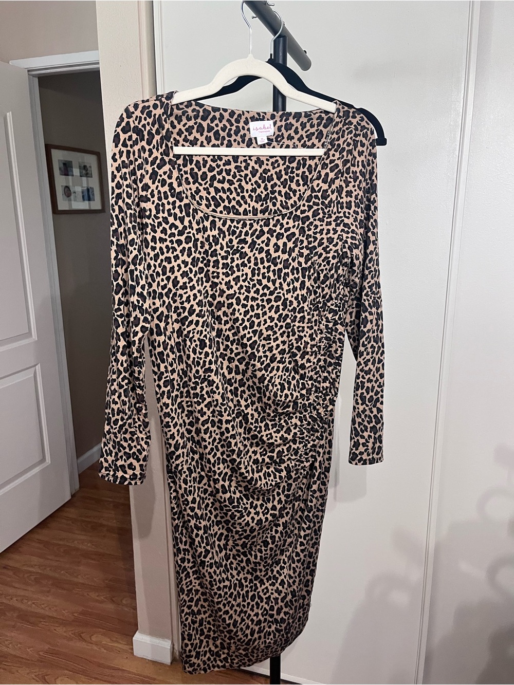 Maternity Leopard Print Long Sleeve Scoop Neck Dress - Brown - Picture 2 of 5